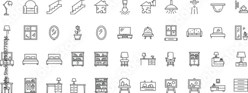 Minimalist black outline furniture icon set featuring bed, desk, lamp, sofa, and shelf symbols isolated on white background for interior design floor plan mapping.