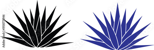 Minimalist agave plant vector silhouettes in black and blue, desert succulent botanical illustration set isolated on white background for modern nature graphic design projects.