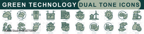 Green Technology Flat color icons set. contain air purifier, battery storage, carbon footprint, recycling, mobility and more. Vector for modern concept, print, UI, UX kit, web and app development.

