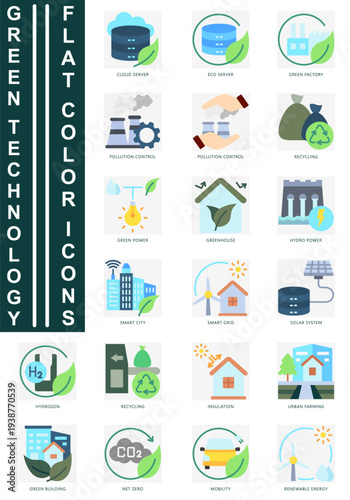 Green Technology Flat color icons set. contain air purifier, battery storage, carbon footprint, recycling, mobility and more. Vector for modern concept, print, UI, UX kit, web and app development.
