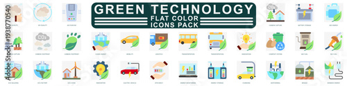 Green Technology Flat color icons set. contain air purifier, battery storage, carbon footprint, recycling, mobility and more. Vector for modern concept, print, UI, UX kit, web and app development.

