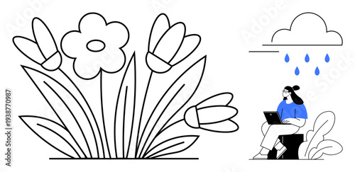 Remote work lifestyle. A blend of floral elements and a person working on a laptop under rain clouds. Remote work through natural and soothing visuals. For freelancing, nature, work-life balance