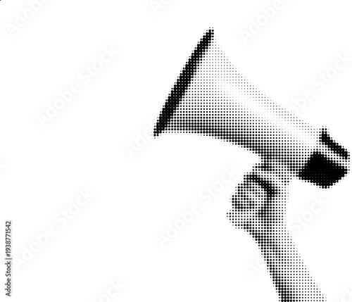 Megaphone in Hand: A dynamic black and white halftone illustration showcasing a megaphone held firmly in hand, ready to amplify the voice.