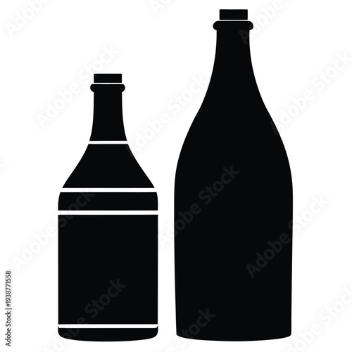 Two Black Silhouettes of Wine Bottles Standing Against a Clean White Background