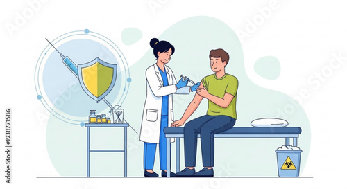 Healthcare worker administering vaccination to patient in clinic setting with medical supplies and biohazard waste