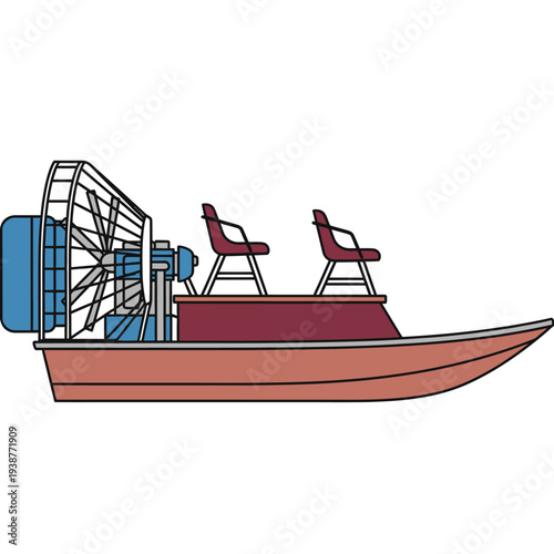 A flat-bottomed airboat with two seats and a large propeller is shown against a white background.