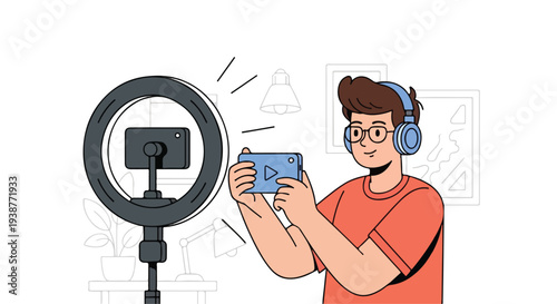 Modern Illustration of Young Man Content Creator Recording Video with Smartphone and Ring Light