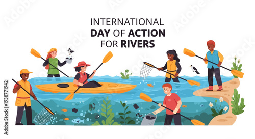 Illustration of people kayaking and paddling on a river for International Day of Action for Rivers with a focus on river conservation and environmental activism.