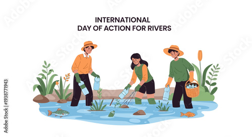 Illustration of people working together to protect a river ecosystem on International Day of Action for Rivers with a nature preservation concept and environmental activism.