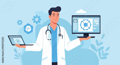 Modern Male Doctor Holding Laptop and Computer Monitor for Digital Healthcare and Medical Data Analysis