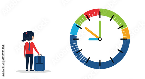 Businesswoman with suitcase looking at a large colorful clock for time management and travel scheduling