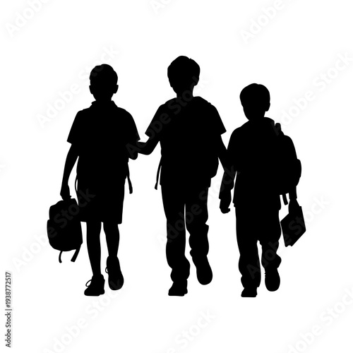 Silhouette of three schoolboys walking together with backpacks