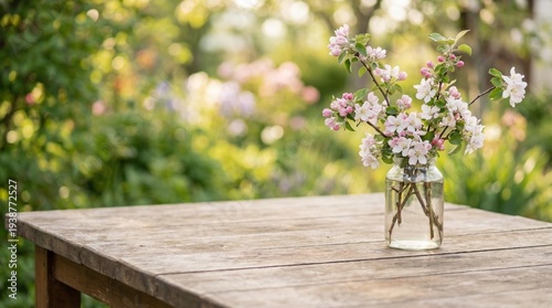 Spring Background with Rustic Wooden Table Bloomin