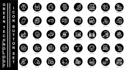 Green Technology Icon Button icons set. contain air purifier, battery storage, carbon footprint, recycling, mobility and more. Vector for modern concept, print, UI, UX kit, web and app development.
