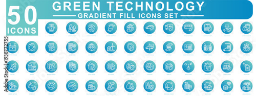 Green Technology gradient Fill icons set. contain air purifier, battery storage, carbon footprint, recycling, mobility and more. Vector for modern concept, print, UI, UX kit, web and app development.
