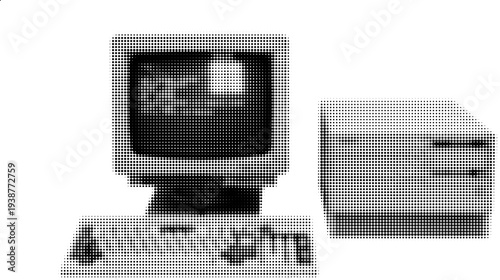 Vintage Computer Setup: A nostalgic monochrome view of a classic computer setup, with a monitor, keyboard, and tower, showcasing the evolution of technology and computing.