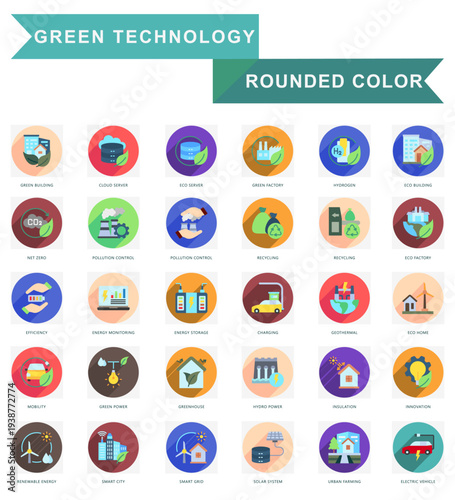 Green Technology Rounded Flat Color icons set. contain air purifier, battery storage, carbon footprint, recycling, mobility and more. Vector for modern concept, print, UI, UX kit, web and app developm