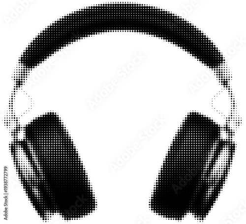 Music's Embrace: An abstract image of sleek, modern headphones rendered in halftone dots, offering a visual symphony of sound. 