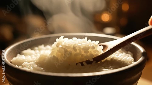 Steaming hot cooked rice being scooped from a bowl with a wooden spoon