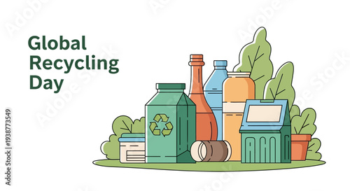 Illustration of recycling concept with various recyclable materials and eco-friendly lifestyle elements on a clean white background, promoting sustainable recycling practices for Global