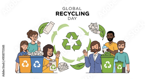 Illustration of diverse people participating in sustainable recycling practices on Global Recycling Day with eco-friendly lifestyle and zero waste concepts.