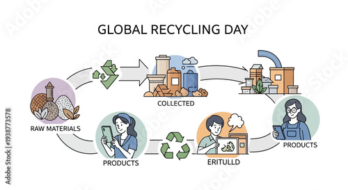 Infographic illustration of a sustainable recycling process on Global Recycling Day with eco-friendly lifestyle and zero waste concepts.