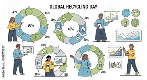 Illustration of people engaging in sustainable recycling practices on Global Recycling Day with eco-friendly graphics and charts.