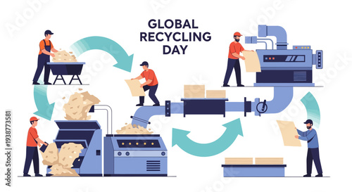 Illustration of a recycling process on Global Recycling Day, depicting workers operating machinery to recycle paper, with a focus on sustainable practices and eco-friendly lifestyle in an