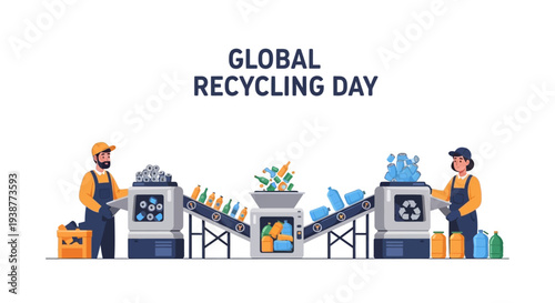 Illustration of two workers managing a recycling process on Global Recycling Day with eco-friendly industrial equipment and recycling symbols.