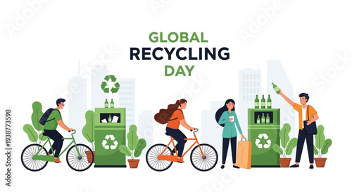 Illustration of people engaging in eco-friendly activities on Global Recycling Day with recycling bins and plants, promoting sustainable living and environmental awareness.