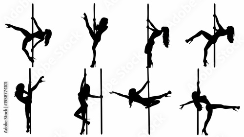 Silhouettes of women performing dynamic pole dance moves