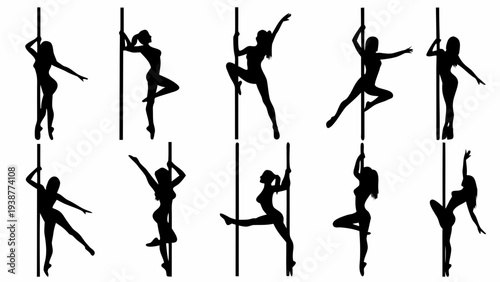 Women performing dynamic pole dance moves in various poses