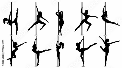 Silhouette of women performing dynamic pole dance moves
