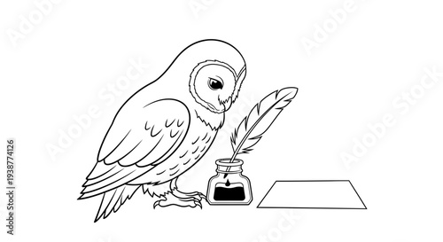 Intellectual Feathered Friend Engaged in the Art of Timeless Script Black and White