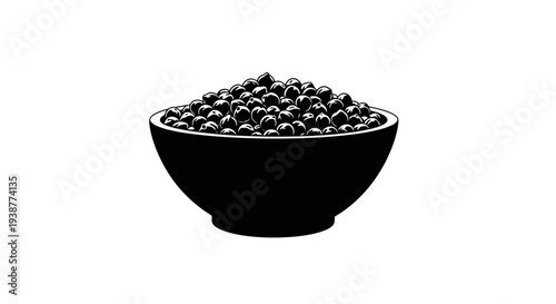 Stylized illustration of a brimming bowl filled with numerous small, spherical food items, an
