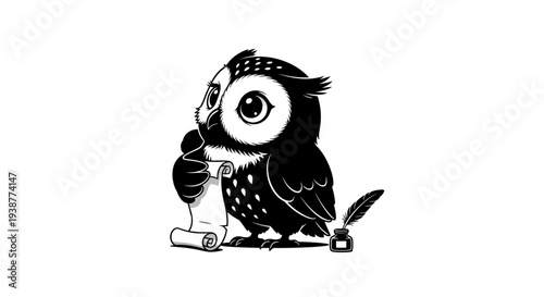 Wise little owl holding an old parchment scroll next to an inkwell and feather quill ready to
