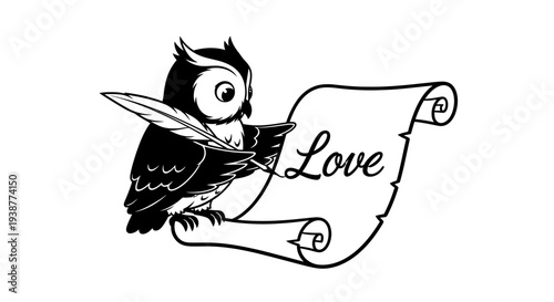 Charming owl diligently writing a heartfelt love message on an old scroll with a feather quill pen