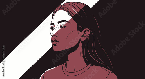 Stylized graphic illustration of a young woman's profile, featuring a dramatic light and shadow