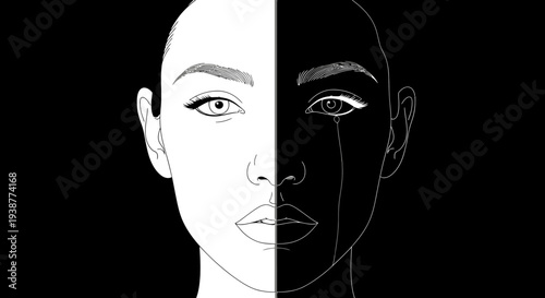 A stark monochrome illustration depicting the profound duality of human emotion and inner