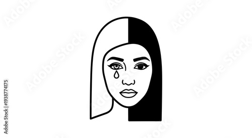 Minimalist vector illustration of a woman's face depicting emotional duality and sadness with a tear
