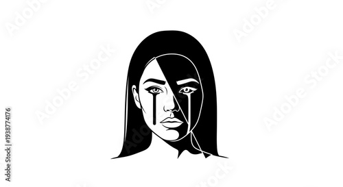 Dramatic black and white illustration of a woman's face with flowing tears and striking dual tone