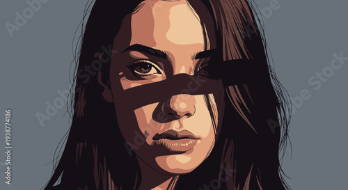 Dramatic vector portrait of a woman's face with striking shadow play creating a mysterious aura