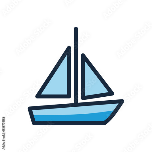A blue sailboat with two triangular sails is depicted against a white background.