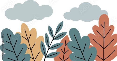 Simple Flat Design Nature Background with Stylized Leaves and Clouds
