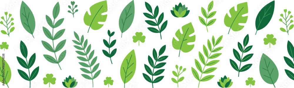 Fototapeta premium Green Leaves Seamless Horizontal Border Pattern with Various Stylized Foliage