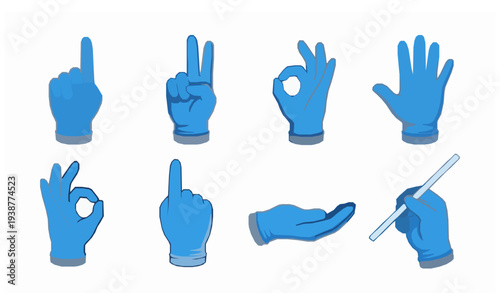 Doctors Hands in Blue Gloves Gesture Vector Set Cartoon Medical Illustration