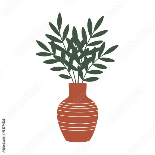 A potted plant with green leaves sits in a striped terracotta vase.