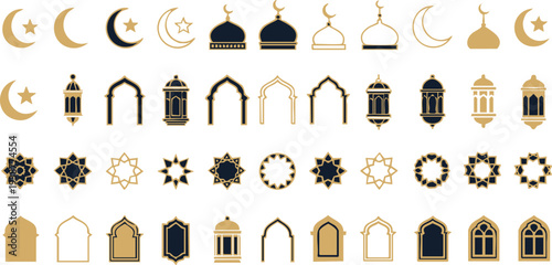 Islamic Icon Set: Ramadan and Eid Decorations with Lanterns, Crescents, and Arches