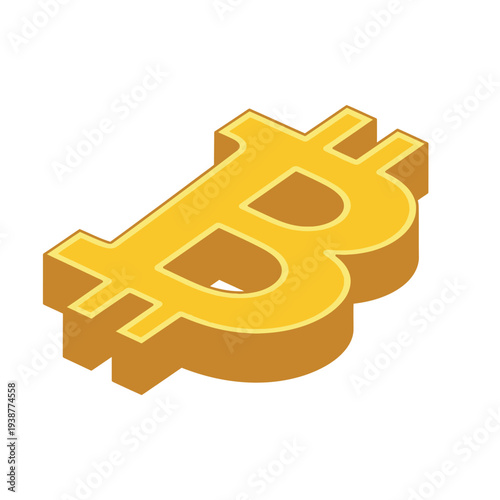 A golden Bitcoin symbol is shown in an isometric 3D view.