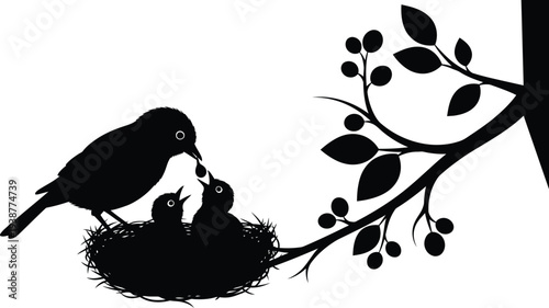 A mother bird feeds her babies 